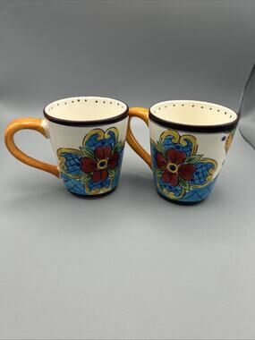Tabletops Gallery Hand Painted Coffee Mugs Blue Cream Floral 4 in 16 oz Pair